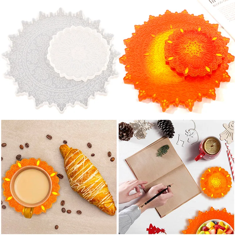 Mandala Coaster Epoxy Resin Mold Fruit Plate Creative Round European Pattern Resin Sun Flower Silicone Crystal Silicone Mold