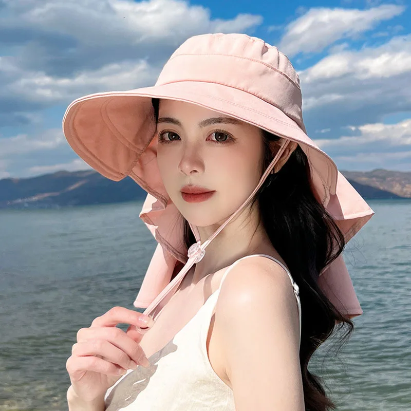 Women Ponytail Fisherman Hat Camping Outdoors Hiking Bucket Hats Solid Large Brim Sun Protection Hat Korean Version Fashion Cap