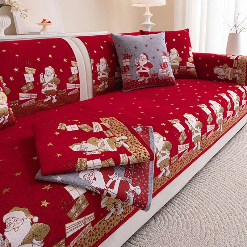 Holiday Santa Claus Printed Sofa Cushion Soft Chenier Couch Slipcover for Living Room Four Season Universal Corner Sofa Covers