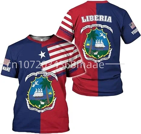 2024 Spring/Summer Liberia Flag T-shirt Summer Leisure Pullover Men's Fashion Loose Custom Name Men's and Women's T-shirt