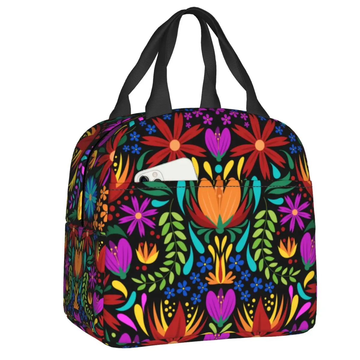 Bolsas de almuerzo con aislamiento térmico con diseño artístico de flores mexicanas personalizadas, bolsa de almuerzo portátil para mujer para acampar, almacenamiento de viaje, caja de alimentos