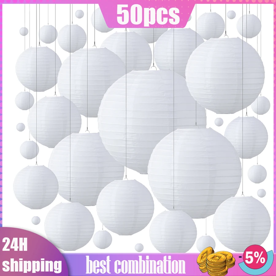 50pcs 4''-14'' Mix Size White Paper Lanterns Wedding Decorations Japanese Lanterns Hanging Chinese Lampion Party Decor