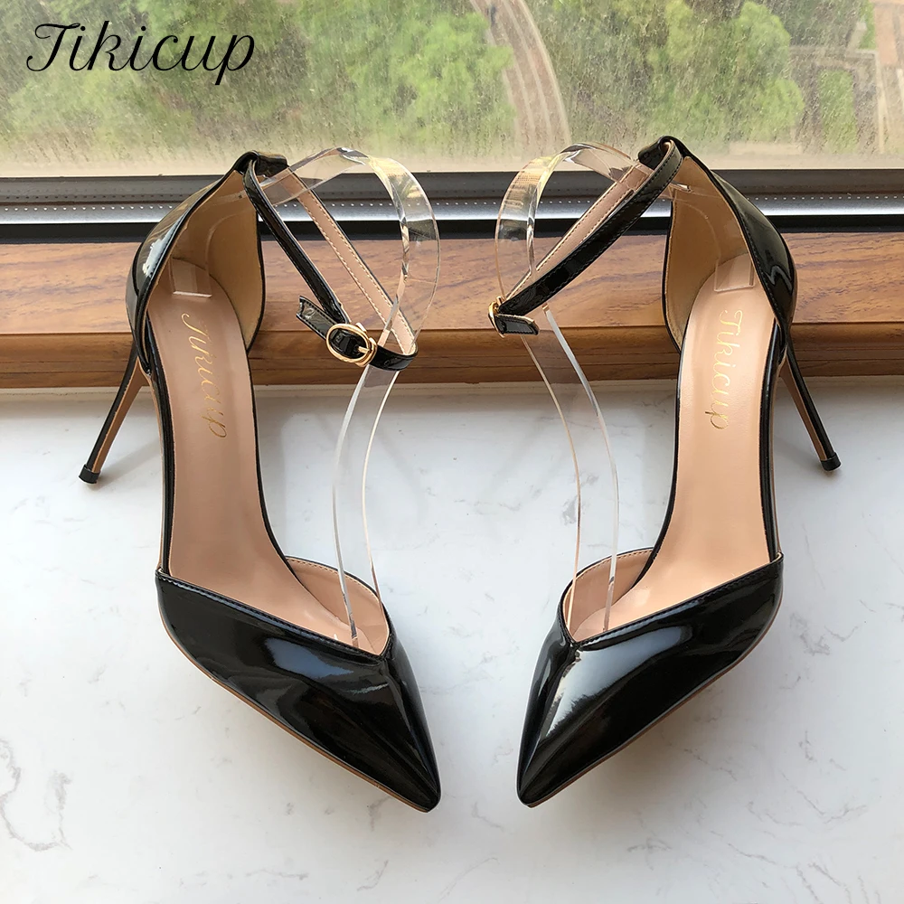 Tikicup Triangle Cut Pointy Toe Women Black Patent  Ankle Strap High Heel Shoes Elegant Designer Summer Stiletto Pumps Customize