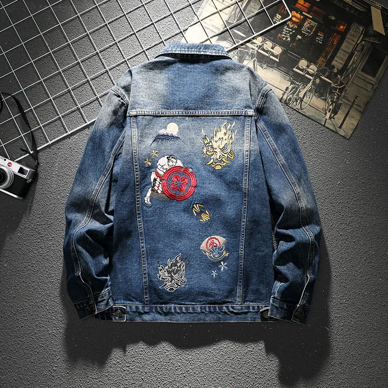 

Personalized American casual denim jacket men's high street tide retro loose jacket big size blue workwear tops