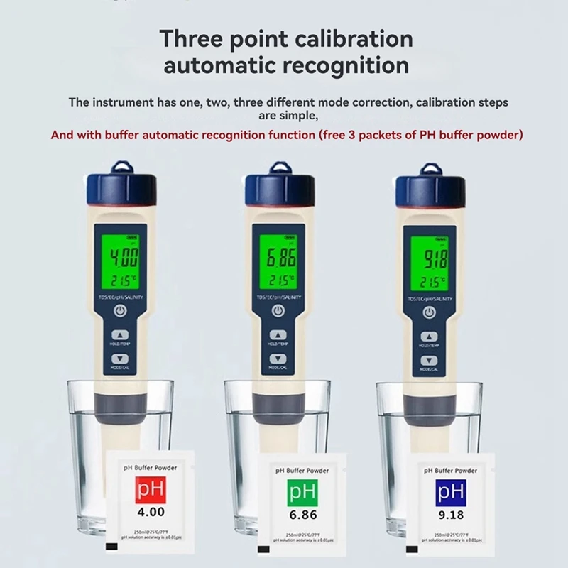 5 In 1 EC TDS Salinità Temperatura PH Meter Tester di qualità dell'acqua per bevande alimentari Contenuto di sale Acquario Acqua di mare ATC