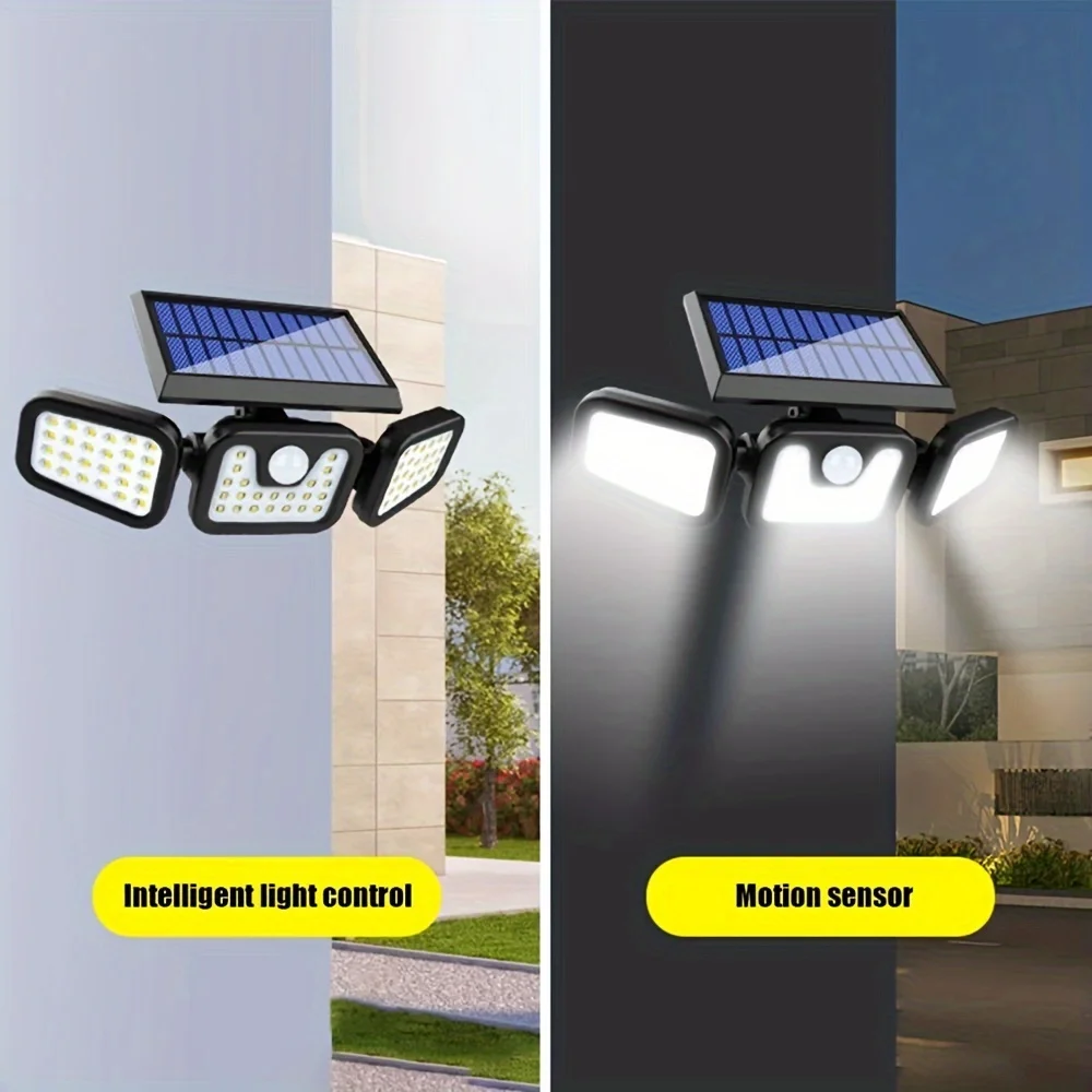 Luz Solar con Sensor de movimiento, aspecto sofisticado, luz LED Solar de pared para exteriores, 3 cabezales, luz de seguridad de inundación Solar con 3 modos adecuados