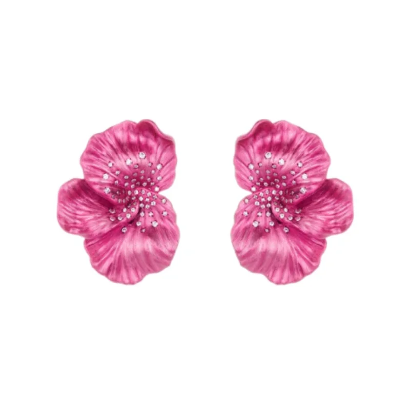 Bellux Vintage Pink Flower Stud Earrings for Charm Women Brushed 925 Silver Zircon Floral Earring Party Wedding Fine Jewelry