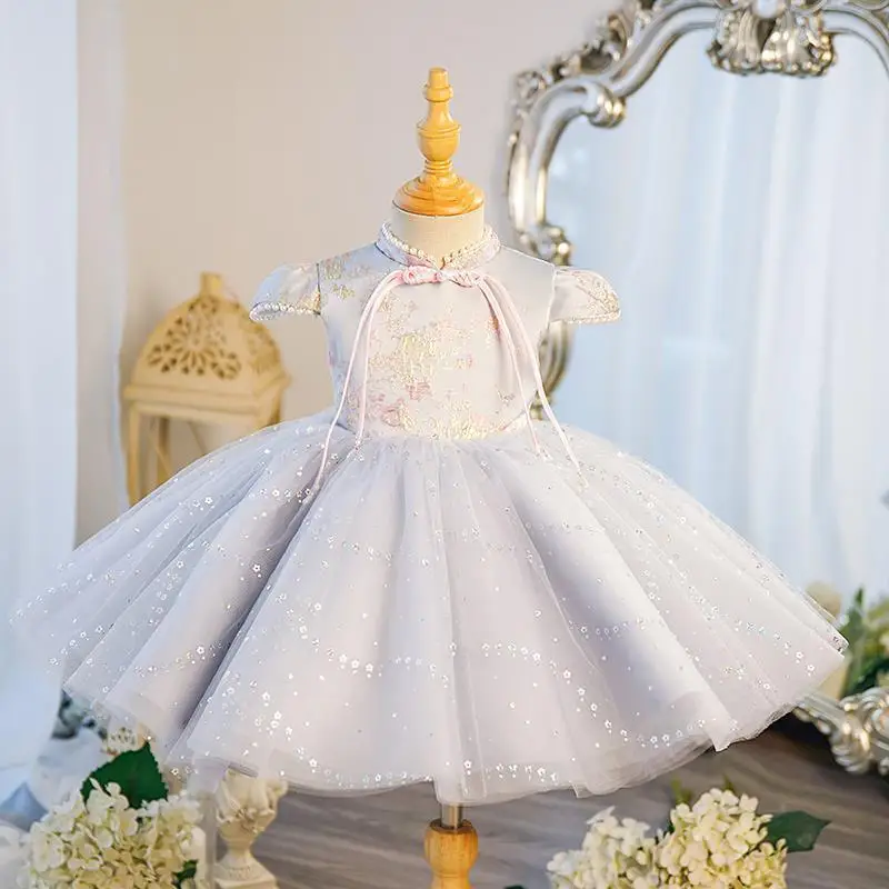 Gorgeous Girls grey sequin Princess Dress Chinese style embroidery Children Wedding Gown baby infant Birthday Party Kids Dresses