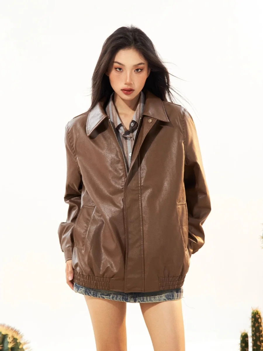 Retro Amerikaans zoet koel bruin leer Jaet dames 2023 nieuwe herfst trendy casual motorfiets Sle PU lederen Jaet