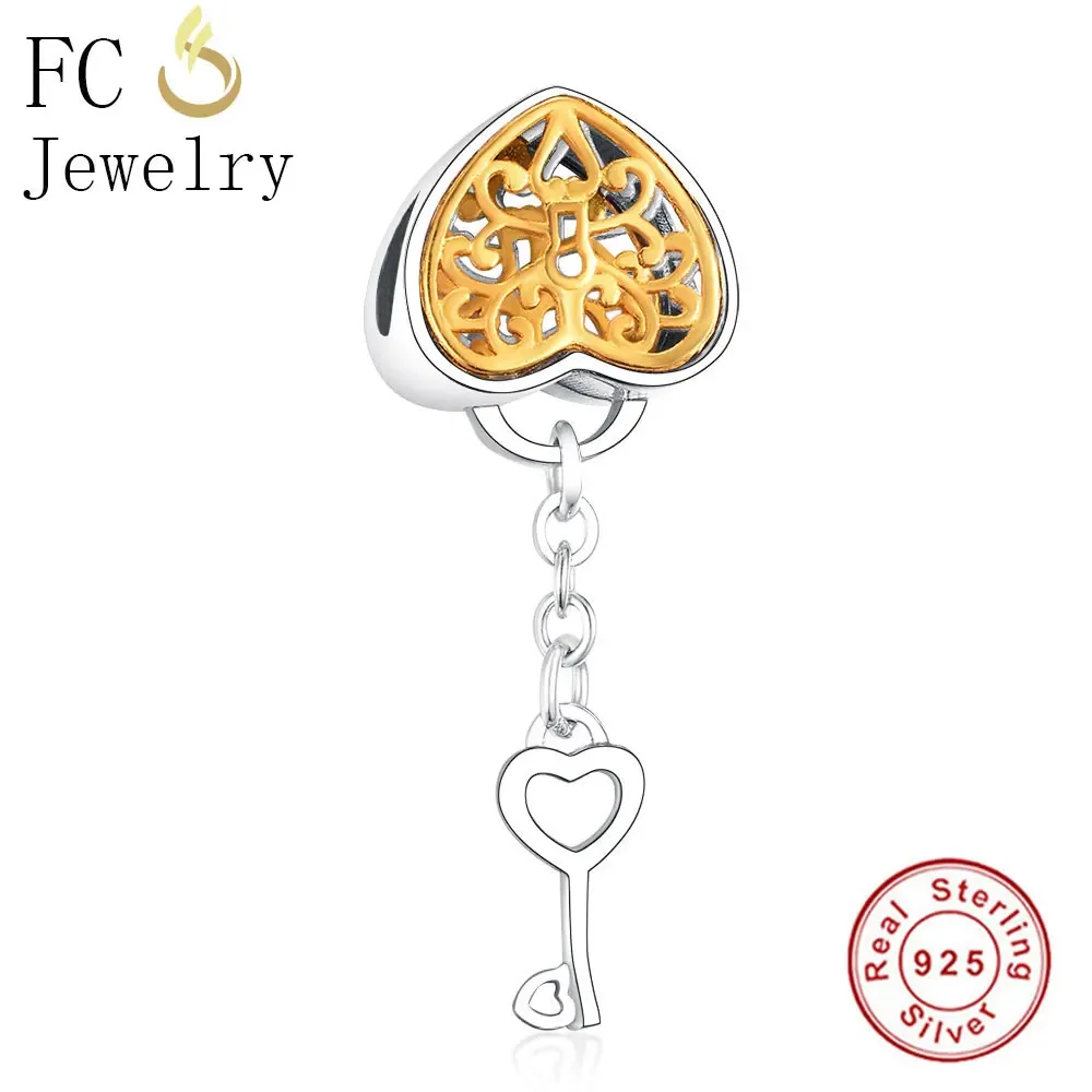 

FC Jewelry Fits Original Brand Charms Bracelet 925 Sterling Silver Autumn Gold Color Heart Lock Key Pendant Bead Berloque 2018