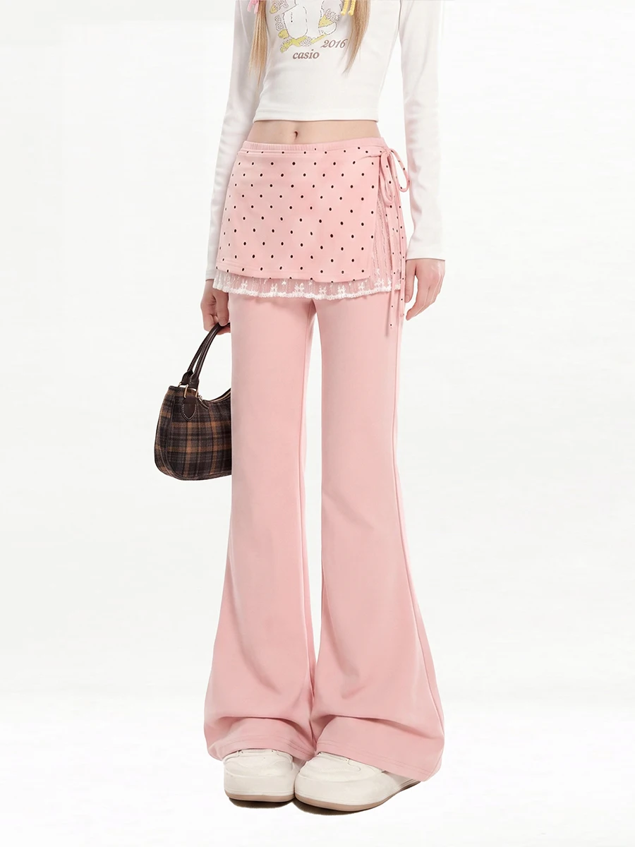Autumn 2026 New Style Women's Casual Bell Bottoms Cotton Blend Polka Dot Lace Long Pants Loose Fit Four Seasons Suitable