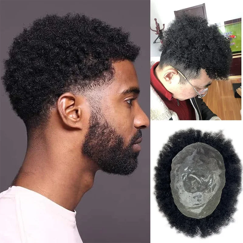 13'x18'Men's Wig Afro Kinky Curly European Human Hair Wigs for Man Fine Mono NPU Capillary Prosthesis Natural Color Hair System