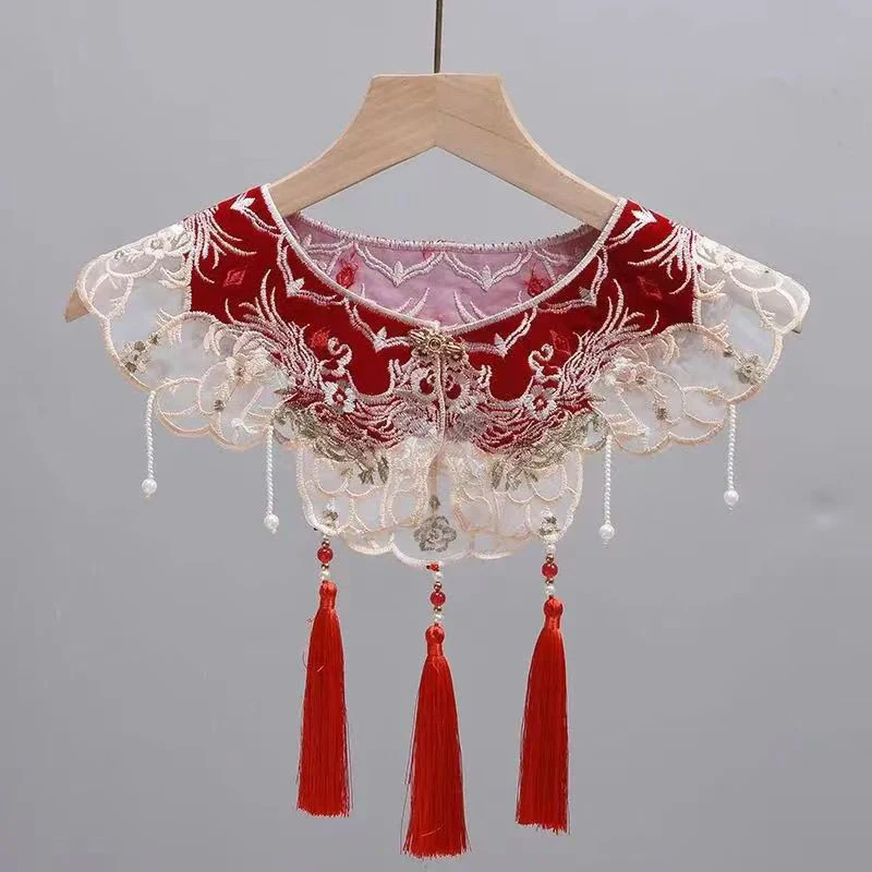 Vintage Embroidery Ethnic Style Hanfu Poncho Capes Cloak  Buckle Pearl Tassel Shawls Wraps Women Fashion Qipao Cloud Shoulder view 5