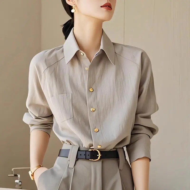 French Style Minimalist Versatile Gray Polo Collar Long Sleeved Shirt Autumn New Fashion Casual Elegant High Quality Women's Top