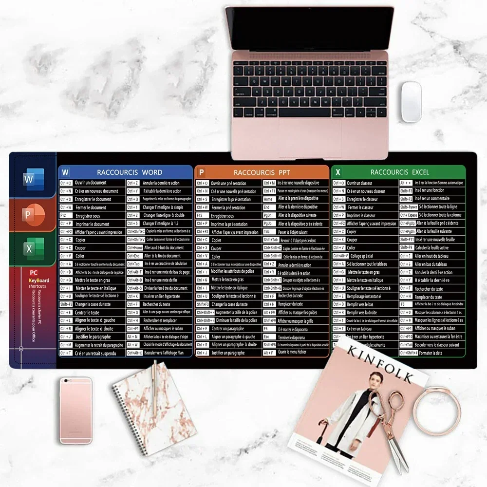 French Excel Shortcuts XXL Rubber Mouse Pad Office Software Shortcut Key Memo Sheet Non-Slip Base Desktop Decoration