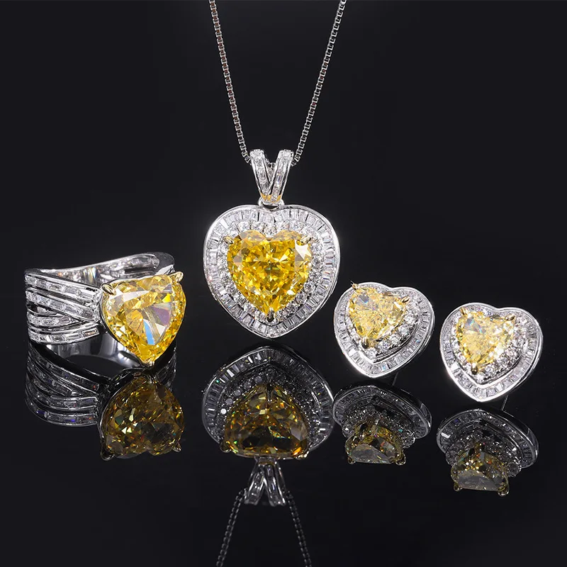 

S925 Sterling Silver Fashion Heart Shaped High Carbon Diamond Yellow Gemstone Female Earring Necklace Jewelry Wedding Anniversar