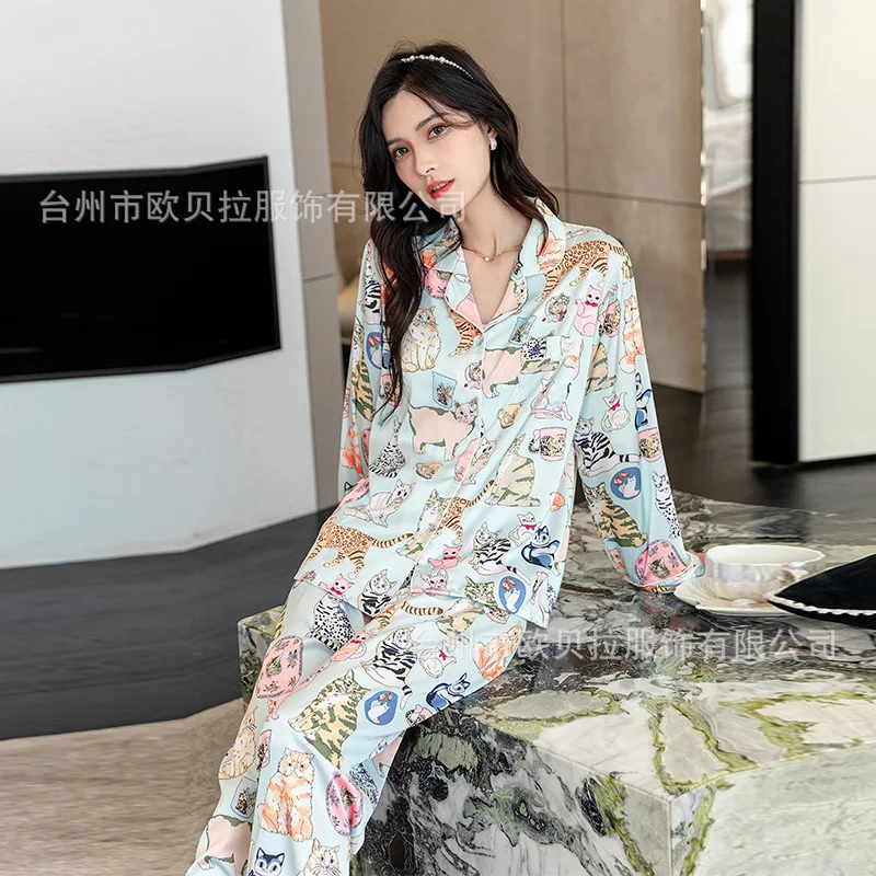 Women's Pajamas Set Luxury Floral Print Lapel Sleepwear Silk Like Long Sleeve Homewear Nightwear Casual Soft Home Loungewear