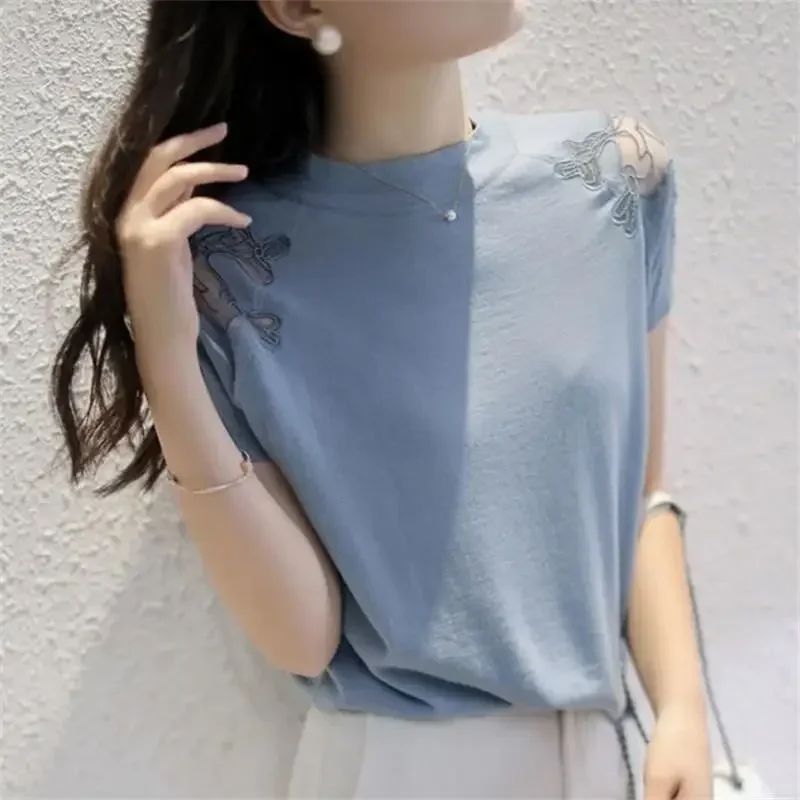 Fashion Embroidery Spliced Lace Gauze Blouse Women Clothing 2024 Spring New Casual Pullovers Tops Loose Commute Shirt N270