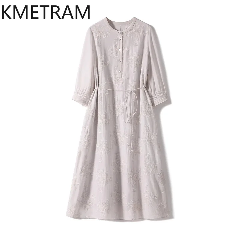 فستان نسائي من KMETRAM مصنوع من الحرير + القطن فساتين فاخرة مطرزة لملابس النساء على شكل حرف a صيف جديد في فساتين 2025 Vestidos Mujer