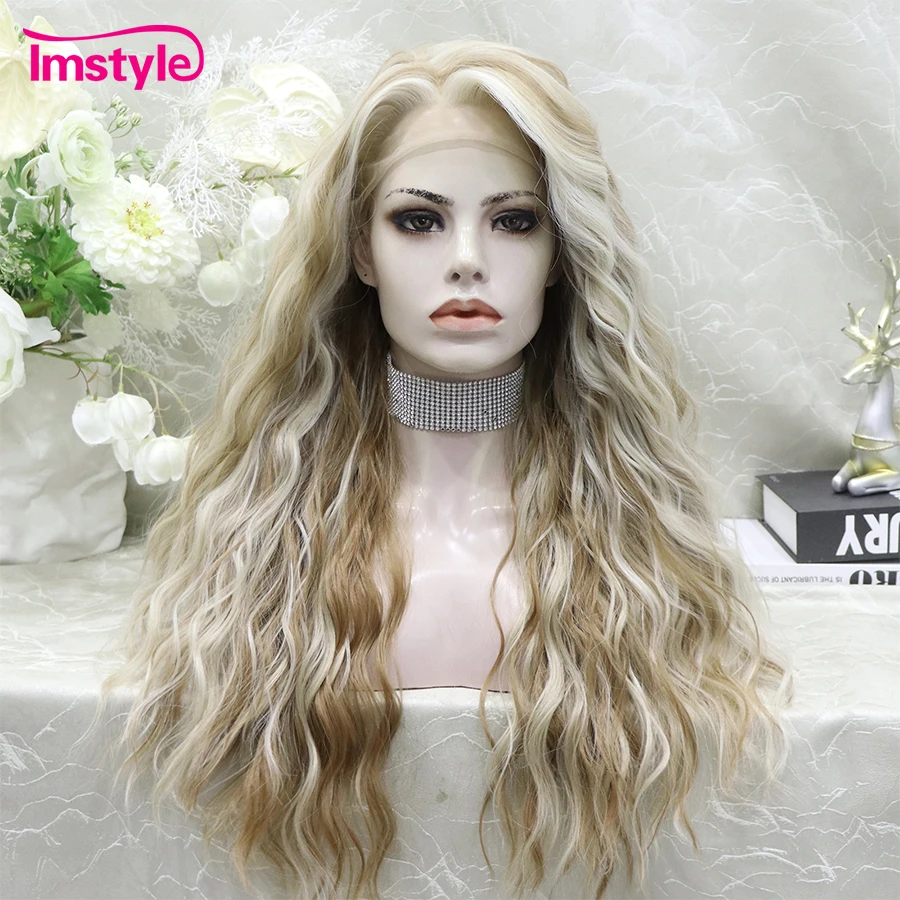 

Imstyle Синтетический парик шнурка Коричневый блондин Парик Длинный 13x4 Парик фронта шнурка Вьющиеся волосы Термостойкое волокно Натуральная линия волос Ежедневный парик