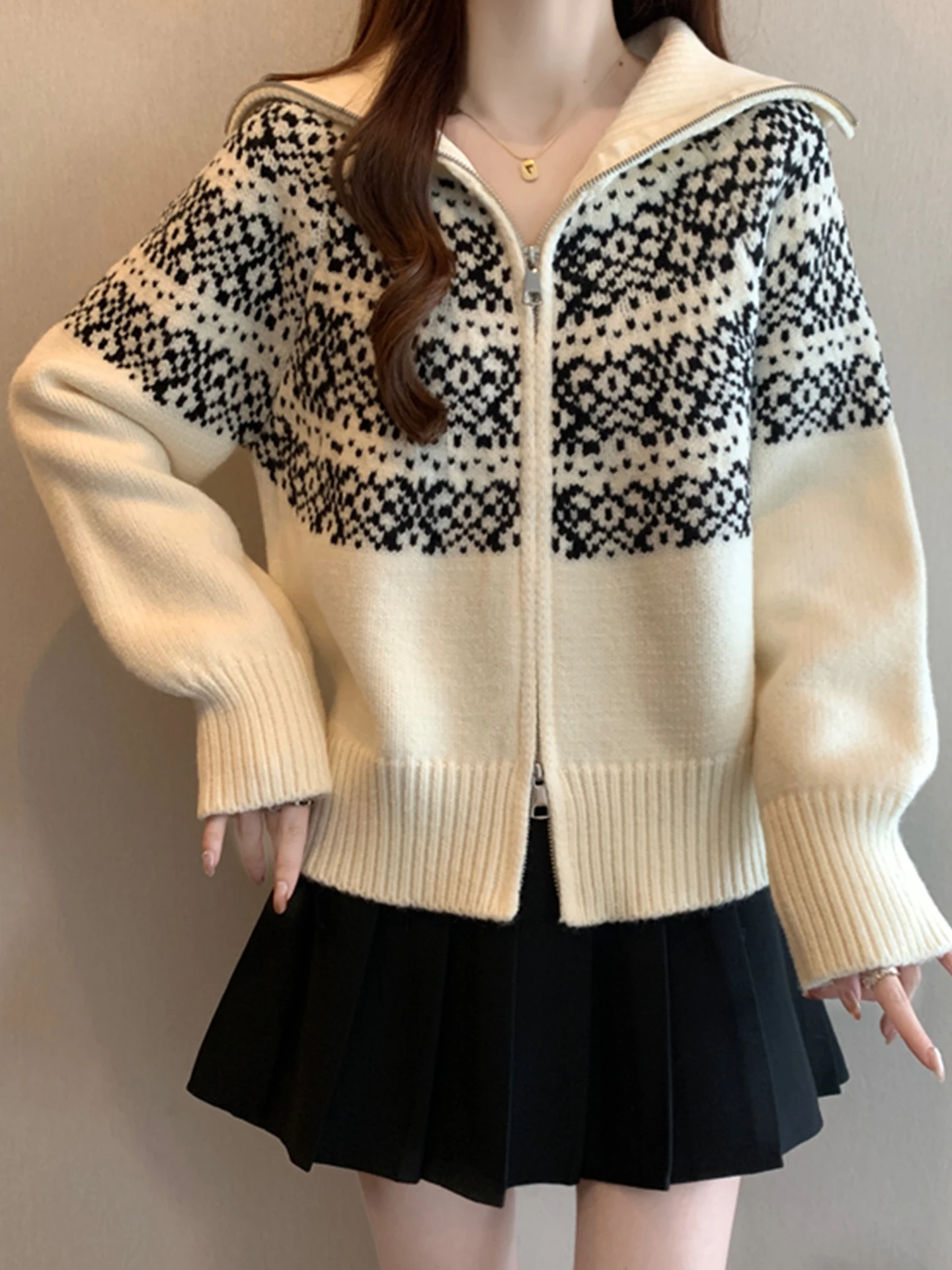

Retro Fair Isle Knitted Zipper Open Cardigan Autumn Winter plus Size Women's Lazy High-End Feeling Sweater Jaet Soft Long S...