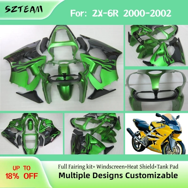 Body Parts Fairings ZX6R 2000 2001 2002 Injection Motorcycle Fairing Kit for Kawasaki ZX-6R 00 01 02 Black Flame