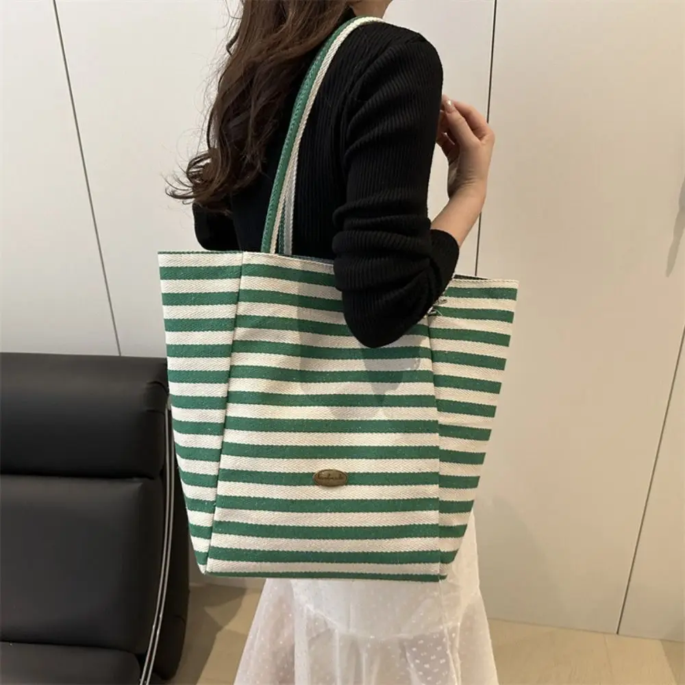 Leisure Commute Stripe Canvas Bag Letter Striped Handbag Fashion Large Capacity Tote Bag Girls