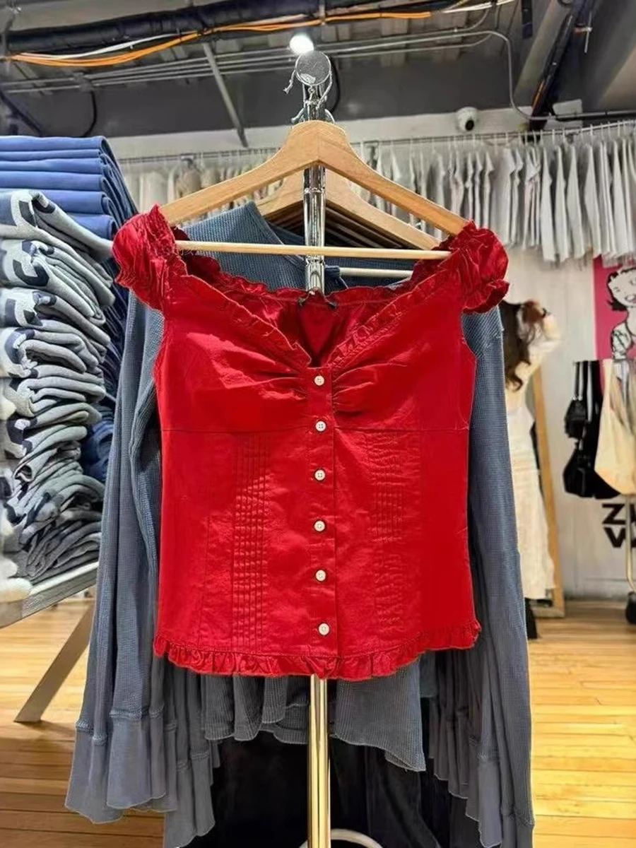 الأحمر كشكش سليم تي شيرت بلوزة المرأة الخامس الرقبة واحدة الصدر نفخة الأكمام تي شيرت الصيف الحلو شيك نمط Preppy Y2k بلايز تيز #3