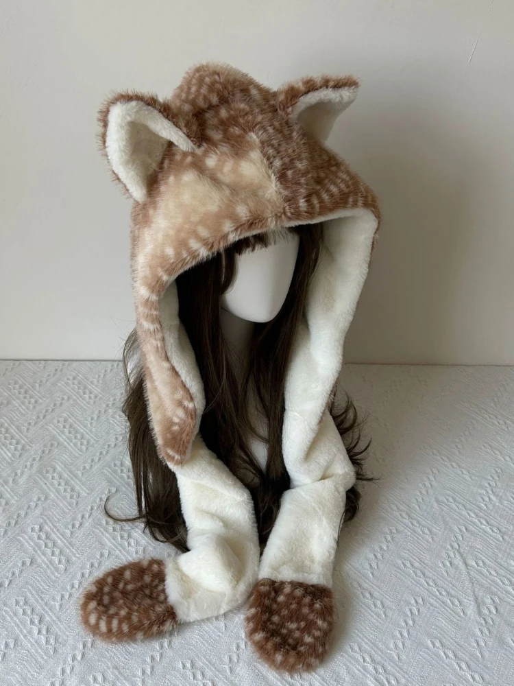 

Японский мех лося, кавайный милый меховой шарф, зимняя теплая шапка Y2k, эстетичная винтажная шапка с ушками, женские шапки в стиле гранж, лоскутная уличная одежда