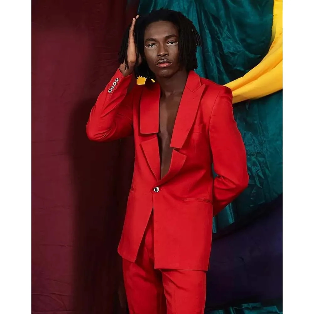 One Button Red Suits for Men Peak Lapel Double Vent Blazer Bespoke Slim Fit Prom Party Outfits Elegant 2 Piece Jacket Pants