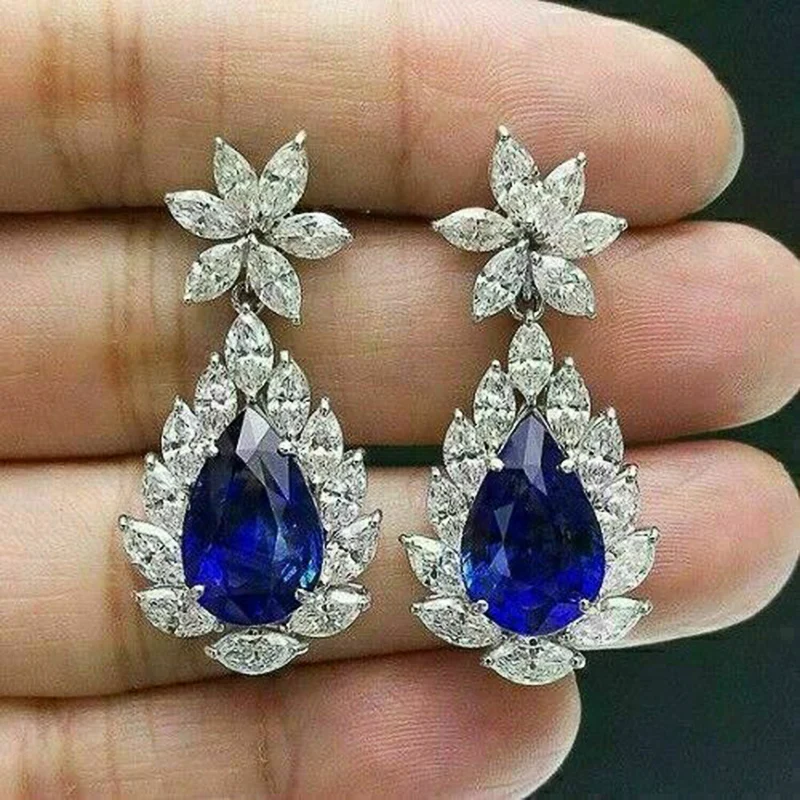 Huitan Wunderschöne blaue Birnen-Zirkonia-Tropfenohrringe für Damen, für Hochzeit, Jahrestag, Party, elegante Damen-Ohrringe, Modeschmuck