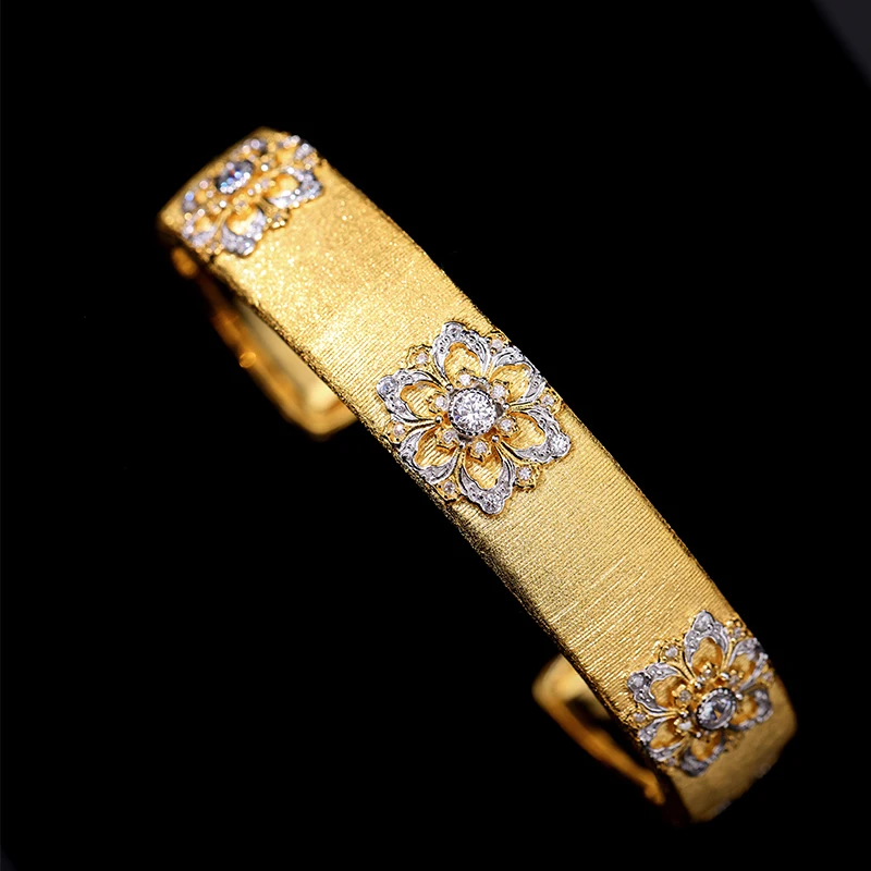 Solievo-S925 Silver and Gold-Plated Bracelet for Female, Floral Design, S925 Silver, Woven Carved Bracelet