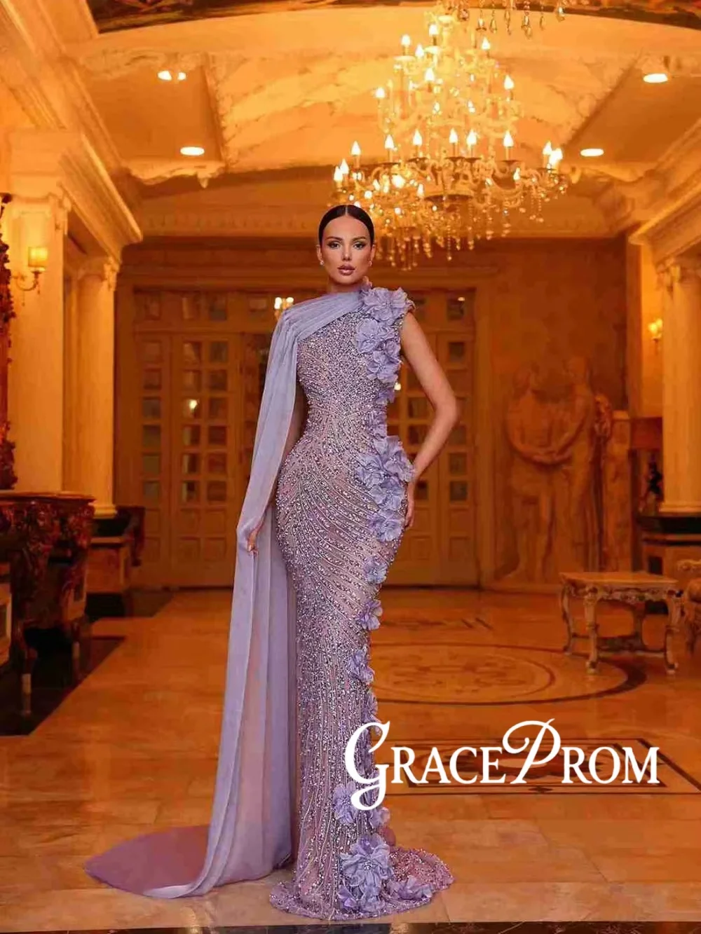

Light Purple Beaded Evening Dress With Side Tulle Handmade 3D Floral Mermaid Wedding Party Gown Customized Chic Banquet Gowns