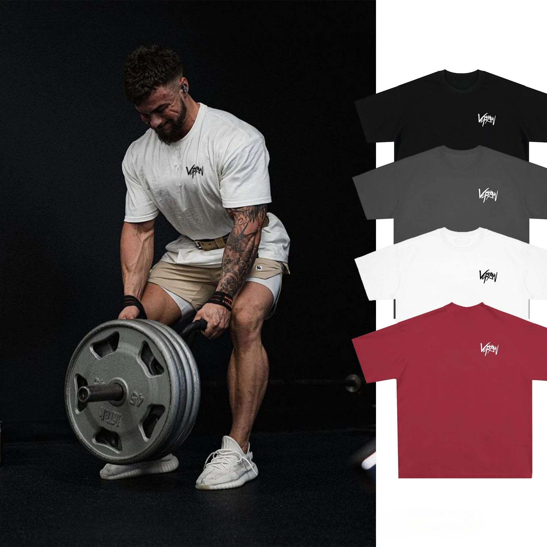 GYM Fitness Lockeres Kurzarm-Shirt aus Schwerer Baumwolle, Einfaches Gewichts-Hantel-Shirt, Atmungsaktiv, Große Größen, Rundhals-Ausschnitt, Sommer