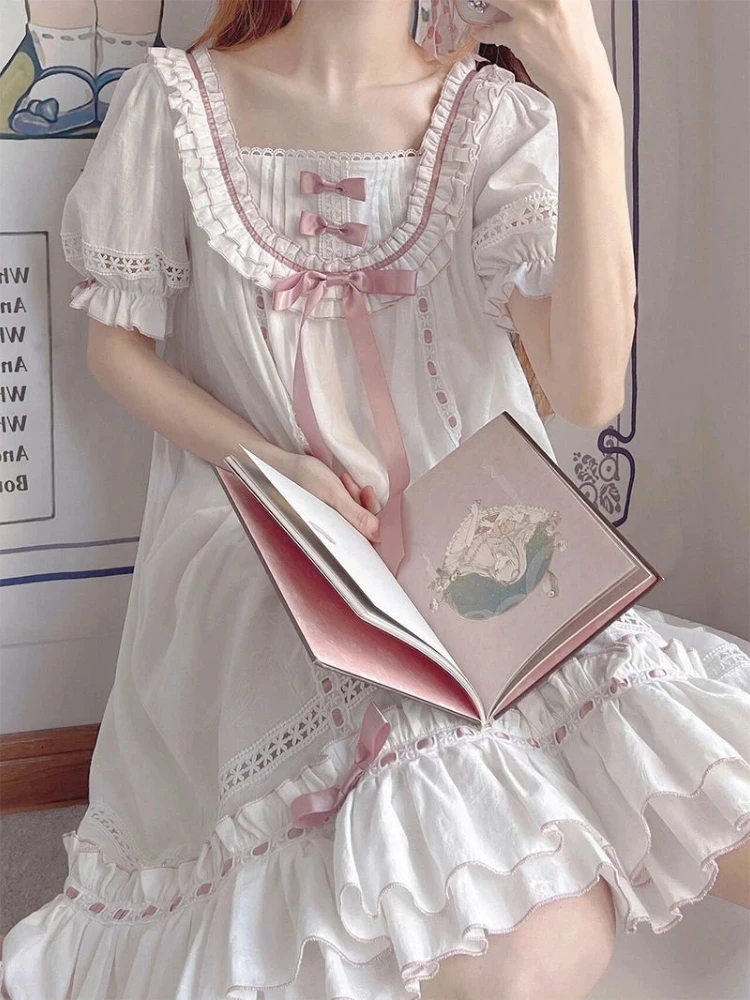 Sweet Nightdress Bowknot Lace Short Sleeve Ruffles Pajamas Women's Summer Kawaii Nightgowns Pajamas Soft Girls Casual Sleepwear