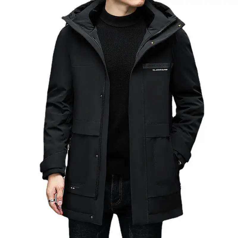 Down Jacket Men\'s Mid Length Hooded Winter New Thickened Cold and Warm Work Jacket