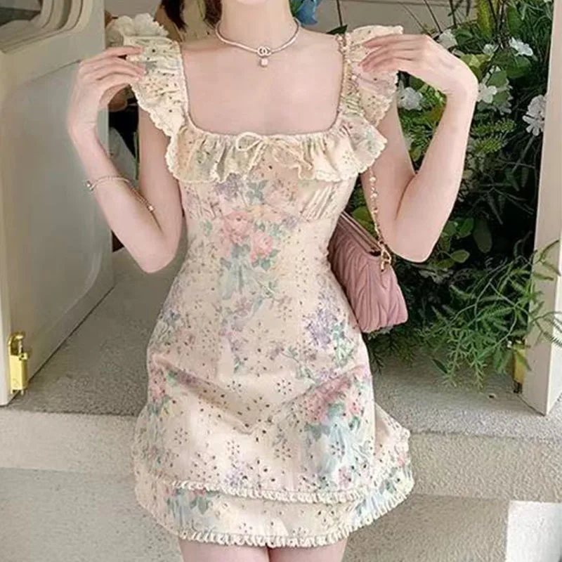 

Женское мини-платье с цветочным принтом, квадратным вырезом, оборками, в стиле фейрикор и коттеджкор, для вечеринок