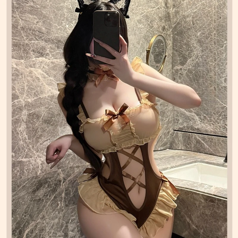 

Women's Sexy Lingerie Open Crotch Bodysuit Cosplay Little Bear Suspender Backless See-through Jumpsuit Erotic Soft Gauze Pajamas