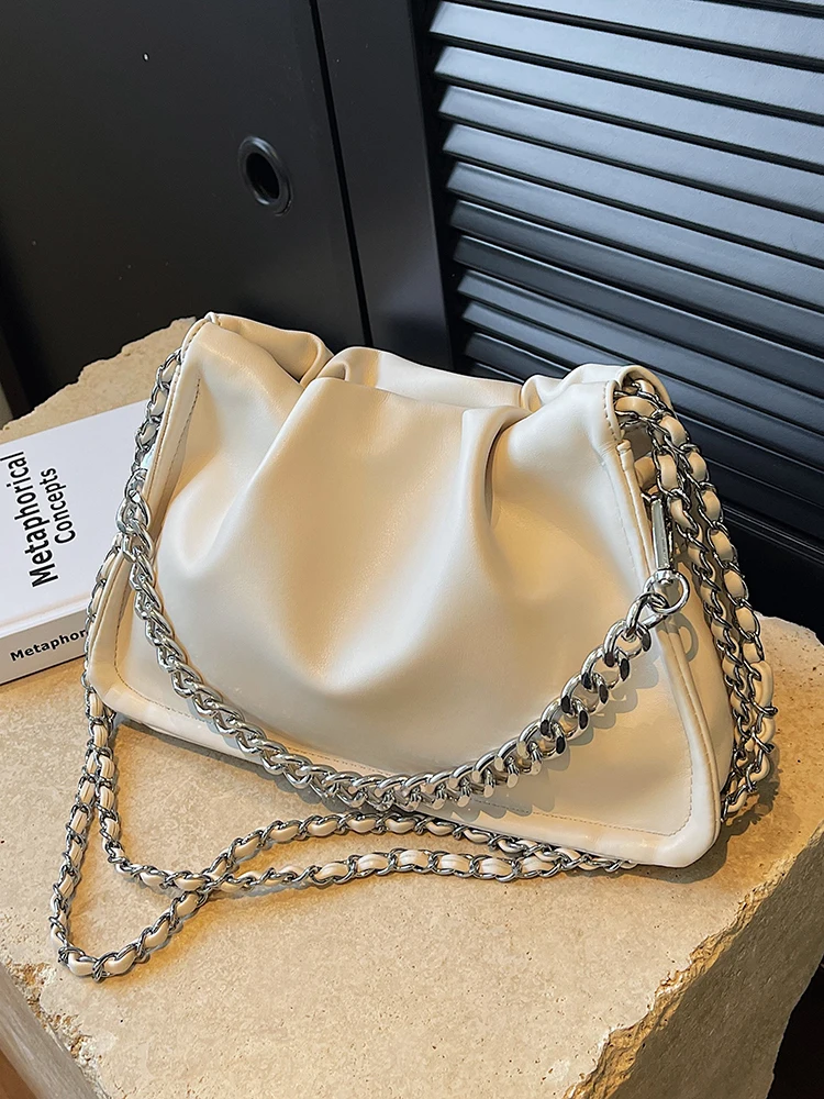 

French Style Chic Design Chains Single Shoulder Bags Fashionable Textured Pu Leather Large Capacity Versatile Women Pleated Bag