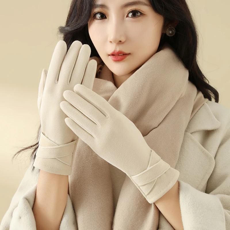 

Winter Women Fashion Elegant Keep Warm Touch Screen Plus Fleece Windproof Soft Gloves Elasticity Cross