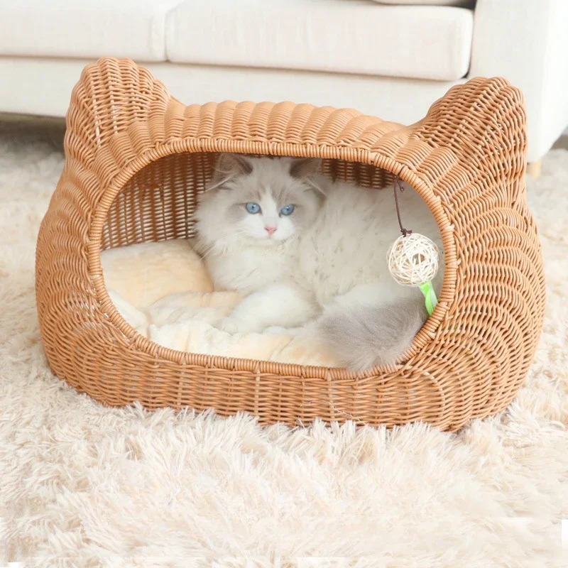 

Washable rattan knitted cat nest All seasons universal cat cage Kennel Pet supplies Hand woven semi-closed cat nest