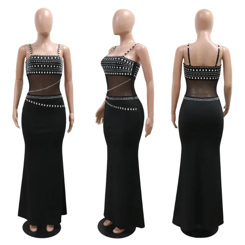 Elegant Rhinestone Party Evening Dresses Women Nightclub Celebrity Spaghetti Strap Sheer Mesh Patchwork Prom Mermaid Maxi Dress