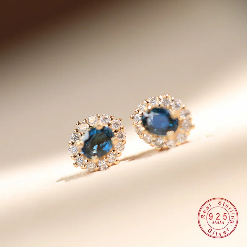 

S925 Sterling Silver Plated 18k Gold Inlaid Blue Zircon Earrings Fashionable High-quality Retro Wedding Party Accessories