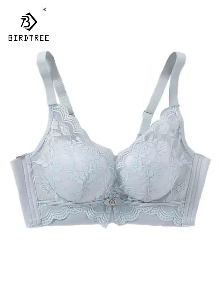 BirdTree 100%Real Silk Gathering Bra, Women Wire Free, Sexy Lace Breathable Comfort Thin Underwear, 2024 Spring Summer P435113QC