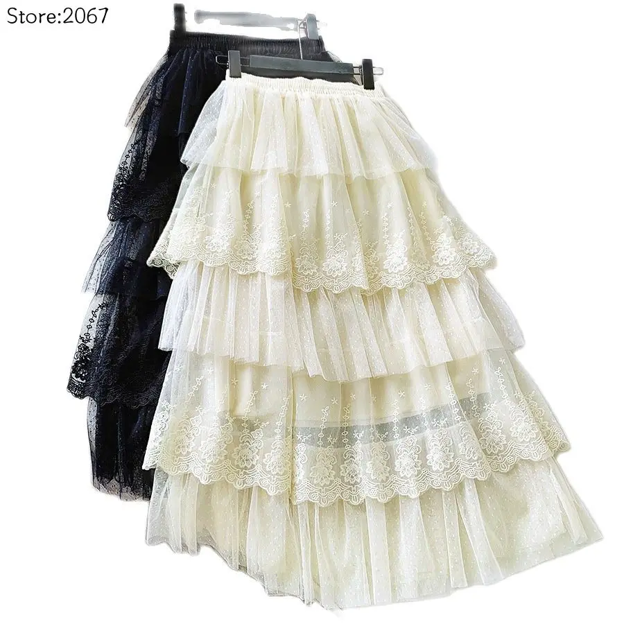 Women Skirts Cake-Style Skirt Spring Summer Fashion Lace Skirts Ladies High-Waisted Slimming Long Lace Skirt Elegant Tulle Skirt