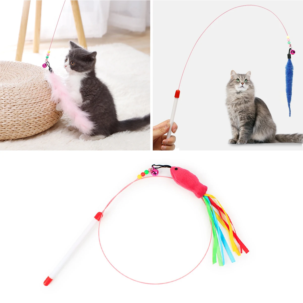 

Creative Interactive Cat Feather Toy Feather Teaser Stick Wand Pet Feather Bell Refill Replacement Catcher Product for Kitten