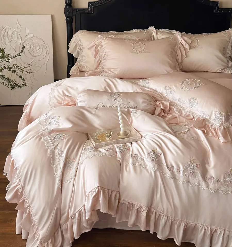 Conjunto do fundamento do bordado da flor pastoral, folha de cama, fronha, tampa da colcha, vintage, elegante, completo, rainha, rei, romântico, casa