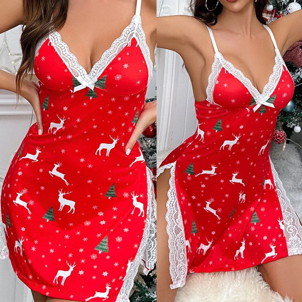 Women Sexy V-Neck Christmas Sling Nightdress Lace Trim Slit Pajamas Lingerie