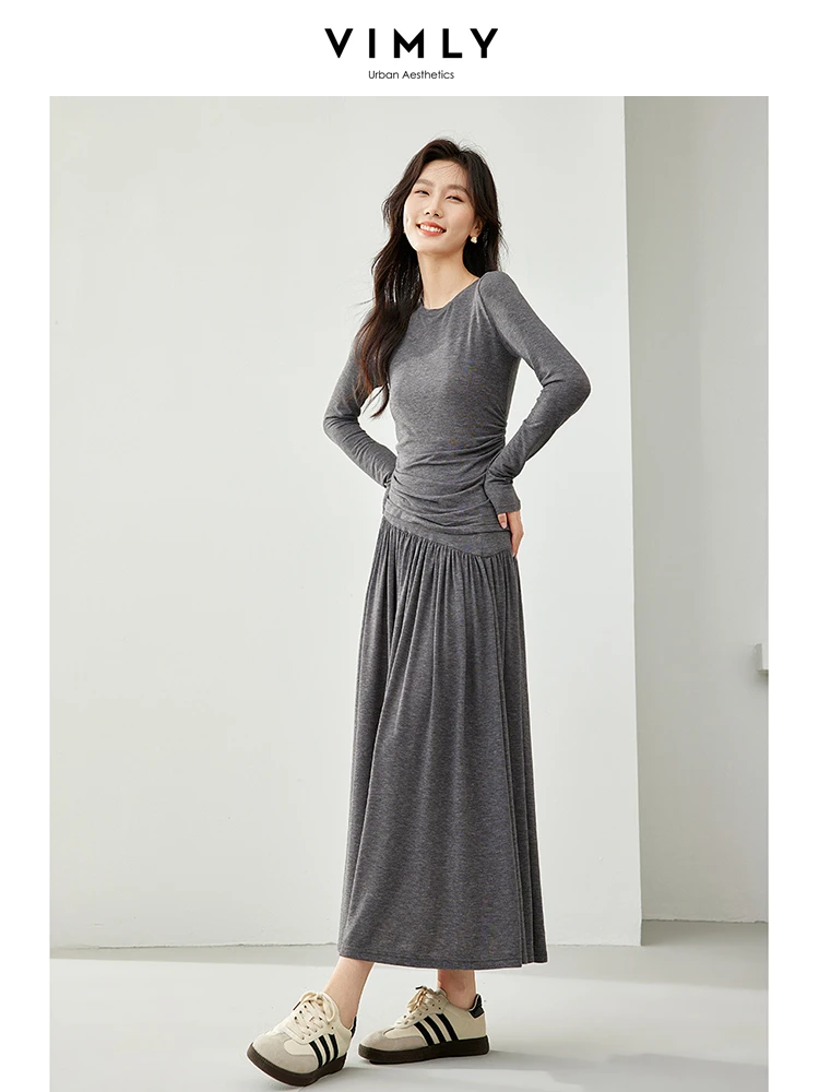 Vimly Spring Grey Skirt Set Women 2 Piece Outfits Shirring T-shirts Elastic Waist Maxi Skirt 2024 New in Matching Set M6120