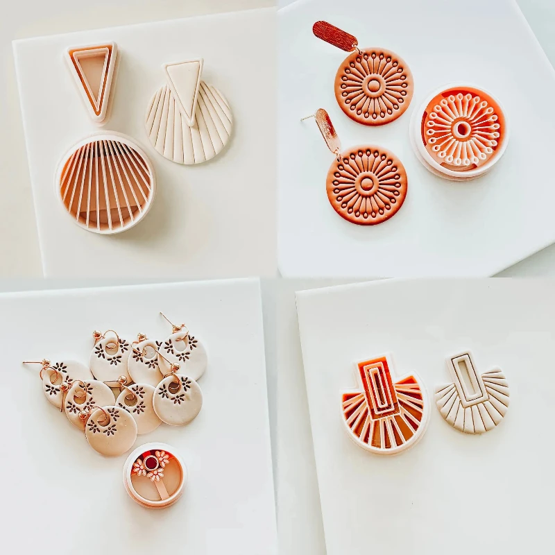 HOT Bohemian Style Polymer Clay Cutters Feather Fan Lotus Geometry Shape Pottery Clay Boho Embossed Earrings Jewellery Making